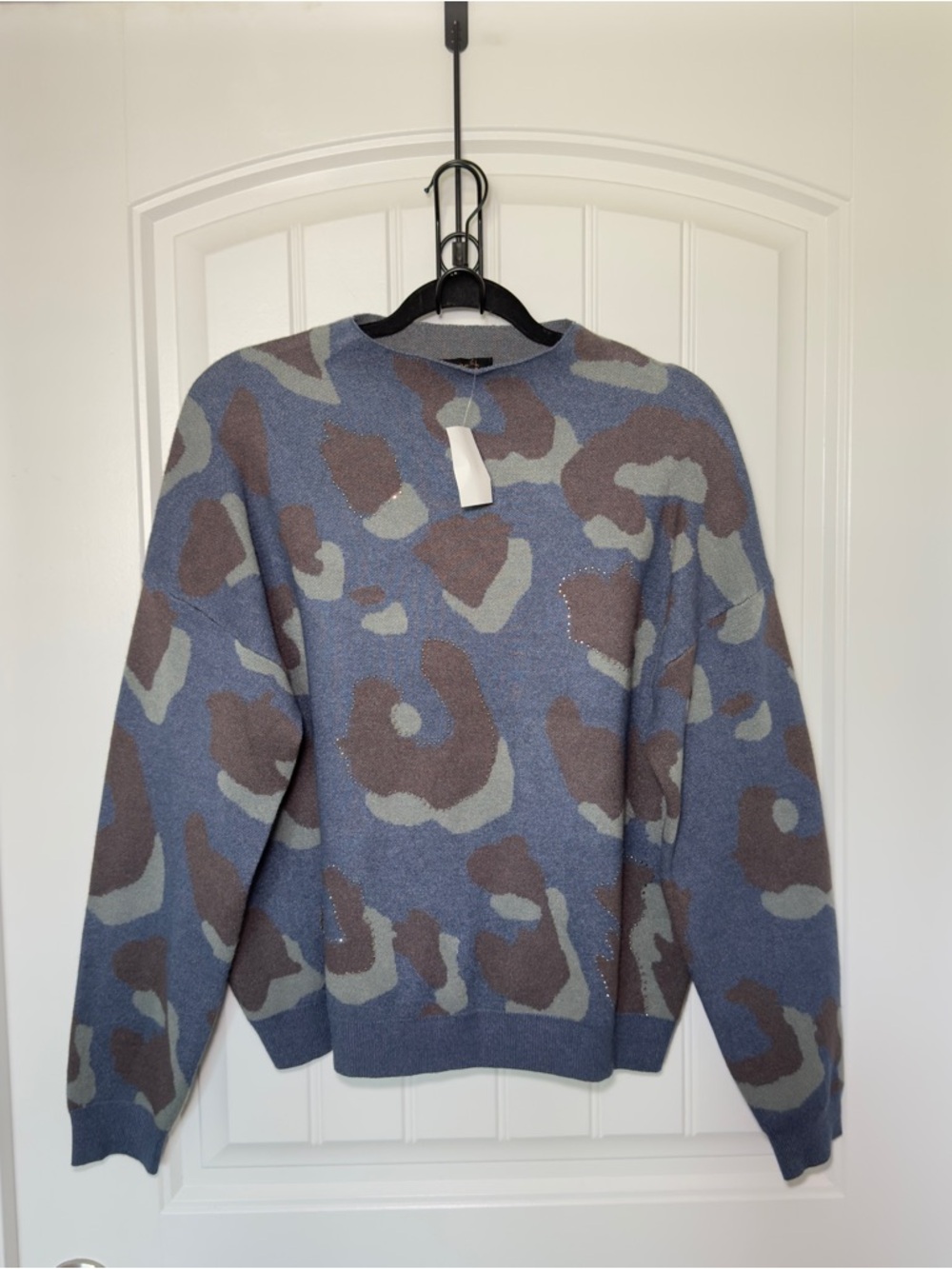 Blue and Taupe Leopard-Print Crewneck Sweater Sparkly